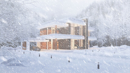 3D visualization of a modern house in the forest. Modern architecture