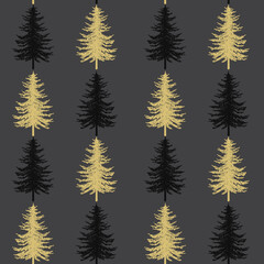 Obraz premium Christmas tree seamless pattern. Noel gold on black print, New year winter decoration, golden christmas background with firs and snowflakes, wallpaper, wrapping paper design