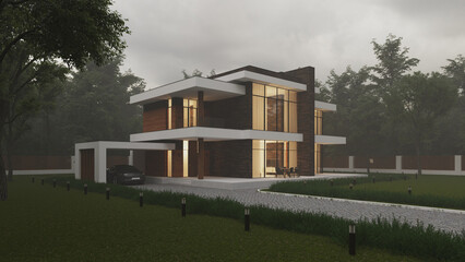 Fototapeta na wymiar 3D visualization of a modern house in the forest. Modern architecture
