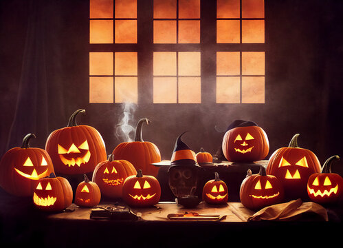 Horrifying Halloween scene with orange scary pumpkins on a witch table, inside, and demonic Halloween symbols, 3D Illustration