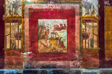 Pompeii, Italy Triclinium Roman House of Siricus ancient colourful fresco painting on the wall...