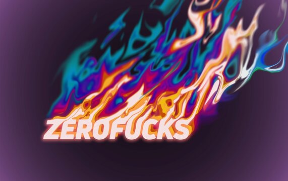 ZEROFUCKS. Abstract concept colorful typography design illustration in the 80s and 90s synthwave style design with depth of field blazing colors on dark background.