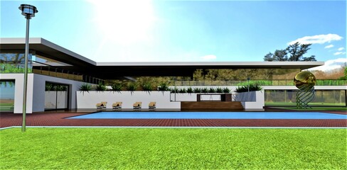 Obraz premium Bright green lawn in front of the pool and cozy patio of a wonderful country house built in a minimalist style. Red brick pavers and wooden steps. 3d render.