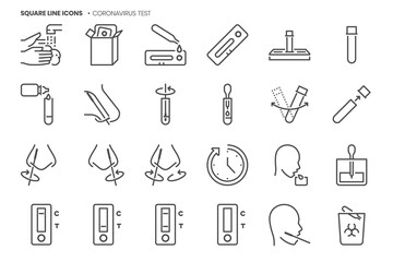Corona virus test related, pixel perfect, editable stroke, up scalable square line vector icon set.