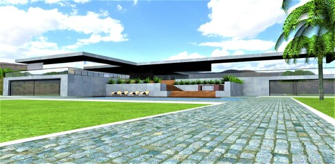 The road is paved with gray cobblestones with a white curb along the edges. Stunning green lawn on the territory of an amazing estate. 3d render.