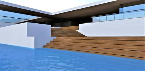 Wide wooden steps of a stylish staircase down from the terrace to the pool. Luxurious modern country house built according to individual design. 3d render.