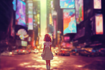 anime girl in front of a big city, blurry city illustration