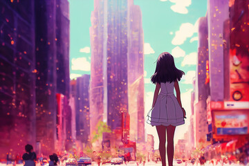 an anime girl standing in front of a big city, colorful manga art