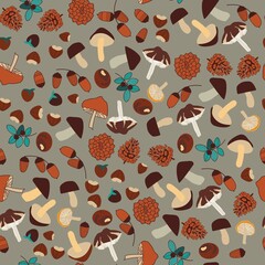 autumn pattern with mushrooms and cones