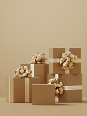 Minimal product background for Christmas, New year and sale event concept. Beige gift box with golden ribbon bow on beige background. 3d render illustration. Clipping path of each element included.