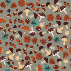 seamless pattern with mushrooms, berries and cones