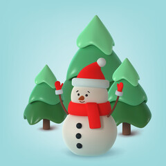 Christmas background with 3d cute happy snowman  among the trees. Realistic 3d render. Vector illustration