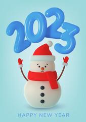 Happy New Year. Christmas snowman with blue 2023 number made of plastic. Realistic 3d render. Vector illustration