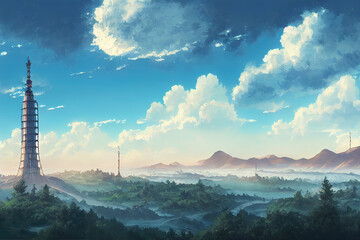 landscape illustration with towers and fog, fantasy anime painting