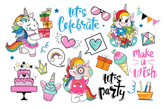 Cute birthday set with unicorns, cake, party lettering in kawaii style on a white background. Vector illustration of bright print for t-shirt