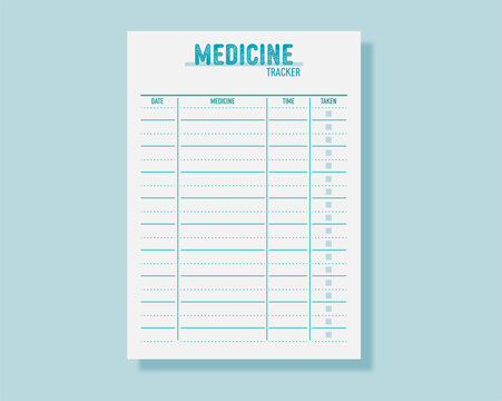 Medicine Tracker.Fitness Planner.Printable A4 Sheet.Vector Illustration