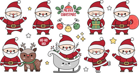 Fototapeta premium Vector kawaii Santa Claus set. Cute Santas with present, sack, sleigh, skating. Father Frost illustration. Christmas, winter, New Year character. Funny holiday cartoon icons pack.