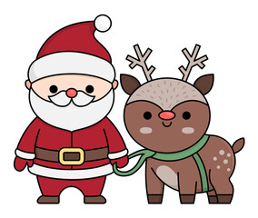 Vector colored kawaii Santa Claus with deer. Cute Father Frost illustration isolated on white. Christmas, winter or New Year character with reindeer. Funny cartoon holiday icon.
