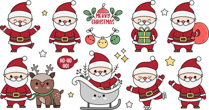 Vector kawaii Santa Claus set. Cute Santas with present, sack, sleigh, skating. Father Frost illustration. Christmas, winter, New Year character. Funny holiday cartoon icons pack.