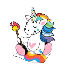 Cute unicorn artist draws a rainbow on a white background. Vector cartoon illustration. Kawaii style