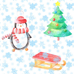 Hand drawn seamless pattern with cute penguin, sleigh and christmas tree with star on top on background of filigree snowalakes on white.Aquarelle illustrated winter backdrop