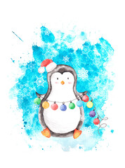 Watercolor funny cute pinguin in hat with pompom holding different colored garland of christmas balls on bright blue colored aquarelle background.Winter christmas X-mas with illustrations snowflakes