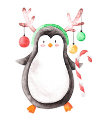 Hand drawn painted watercolor funny cute penguin in hat with deer horns holding hook caramel lollipop. Isoalted. Christmas and New year kids illustration design aquarelle elements for print cards, 