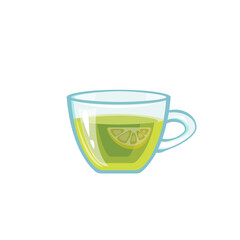 Transparent glass cup or mug of green tea with slice lemon inside on white background. Vector illustration. Flat style