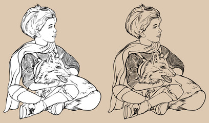 Boy with a dog vector black and white line drawing. For your design and coloring books. Isolated drawing.