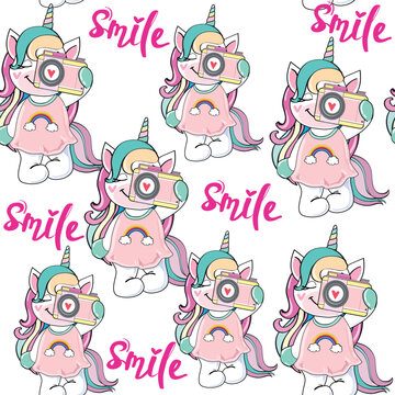 Cute unicorn girl with a camera on a white background seamless pattern. Vector cartoon illustration. Kawaii style