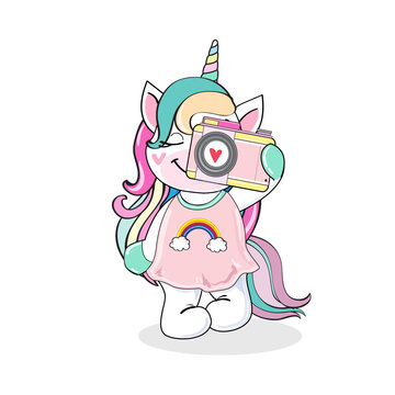 Cute unicorn girl with a camera on a white background. Vector cartoon illustration. Kawaii style