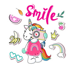 Fototapeta premium Cute unicorn photographer and the inscription smile on a white background isolated. Vector cartoon illustration