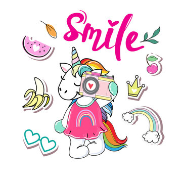Cute unicorn photographer and the inscription smile on a white background isolated. Vector cartoon illustration