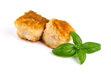 Grilled hake fish fillet, isolated on white background.