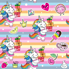 Funny unicorn carries boxes of birthday gifts on a rainbow background seamless pattern. Kawaii style. Vector cartoon illustration