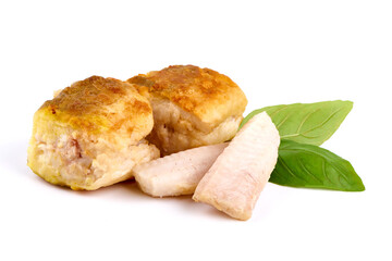 Grilled hake fish fillet, isolated on white background.
