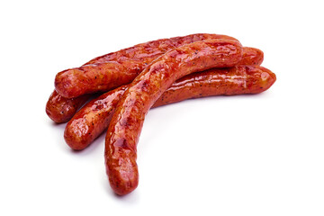 Roasted sausages, barbecued sausages, isolated on white background.