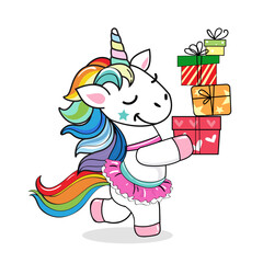Obraz na płótnie Canvas Funny unicorn carries boxes of birthday gifts on a white background. Kawaii style. Vector cartoon illustration