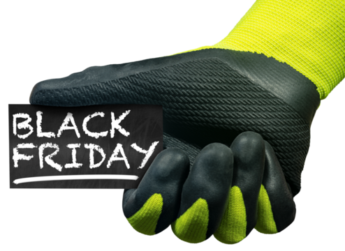 Hand with protective work glove holding a small blackboard with the text Black Friday written in chalk, isolated on transparent background. Photography, png.