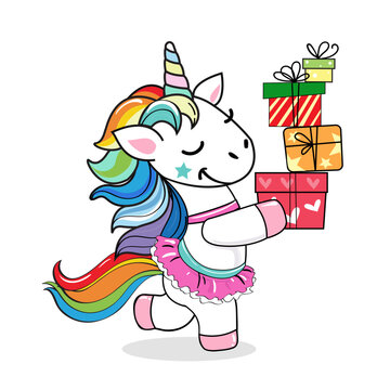 Funny unicorn carries boxes of birthday gifts on a white background. Kawaii style. Vector cartoon illustration