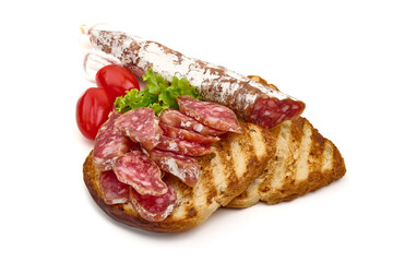Dry cured fuet sausage, isolated on white background. High resolution image.