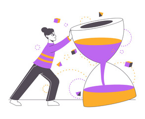 Effective business time management organising concept. Time schedule manager with big hourglass flat isolated vector illustration. Time management organising outline concept