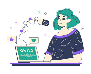 Woman recording podcast, interview or talk show record. Broadcast radio talk show, podcast audio record flat vector symbol illustration. Radio host characters