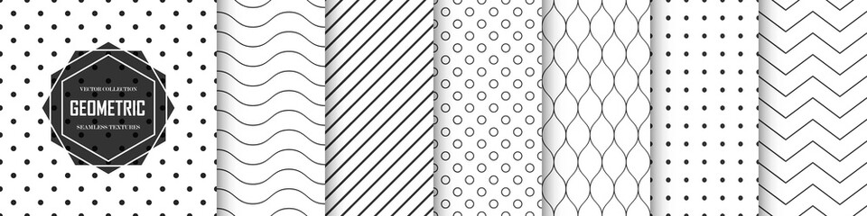 Collection of seamless geometric minimalistic patterns. Vector black and white endless simple backgrounds. Textile endless prints