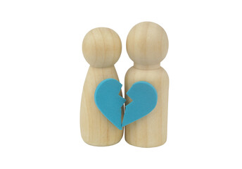 Female and male wooden figures with broken heart isolated on white background. Unhappy family, divorce and couple break up concept.