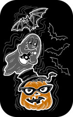 Halloween decorative design composition with pumpkin. ghost, bat. Hand drawn illustration for poster print, party invitation, sale promotion, banner advertisement. Funny, scary cartoon characters.
