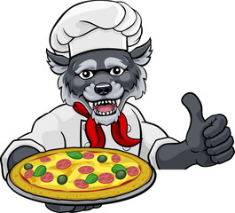 Wolf Pizza Chef Cartoon Restaurant Mascot Sign