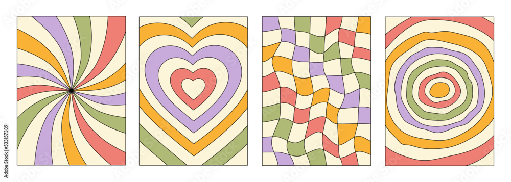 Poster set of vertical backgrounds in style retro 70s, 80s. groovy hippie abstract psychedelic design. past