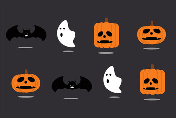 Halloween pumpkin, bats and white ghosts on a dark background.