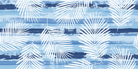 Tropical pattern, palm leaves seamless vector floral background. Exotic plant on blue stripes print illustration. Summer nature jungle print. Leaves of palm tree on paint lines. ink brush strokes